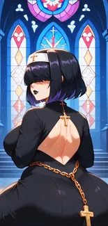 Anime nun with gothic church background and stained glass windows.