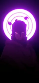 Mystical anime figure with glowing purple halo and red eyes on a dark backdrop.