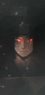 Anime character with glowing red eyes in a dark portrait setting.