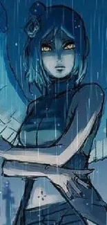 Anime character in rain, blue-tinted, mysterious night scene.