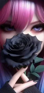 Anime character with pink hair holding a black rose.