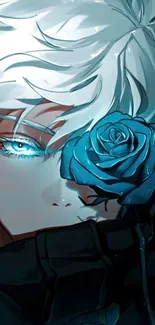 Anime character with a glowing blue rose wallpaper.