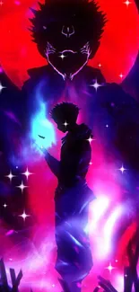 Anime silhouette with a red and blue neon glow.