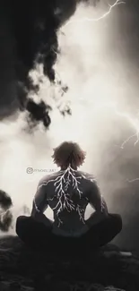 Anime character meditating in a stormy lightning scene.