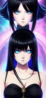 An anime wallpaper featuring twin characters with glowing blue eyes and cosmic background.