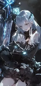 Mystical anime warrior with sword in dark setting.