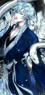 Anime warrior with blue hair and a white snake.