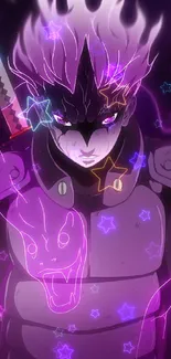 Anime warrior with purple flames and mystical aura on phone wallpaper.