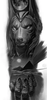 A grayscale Anubis tattoo design mobile wallpaper.