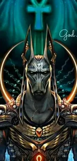 Mystical Anubis with glowing symbols and dark background.