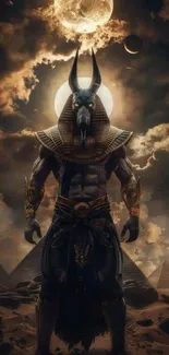 Anubis stands beneath a celestial night sky with pyramids in the background.
