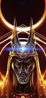 Anubis-themed wallpaper with celestial and golden elements.