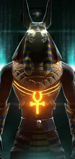 Anubis with glowing symbol in dark mystical setting.