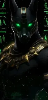 Anubis with glowing green eyes in Egyptian art.