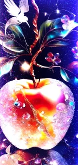 Mystical apple art with vibrant colors on a dark background.