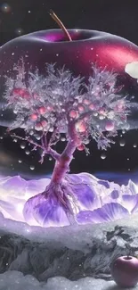 Mystical apple with tree inside, glowing with vibrant colors.