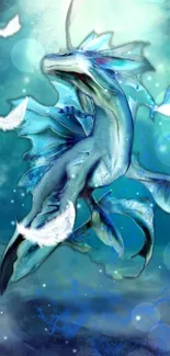 Mystical aqua dragon with feathers in an ethereal oceanic setting.