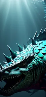 Aquatic dragon with radiant teal scales underwater.