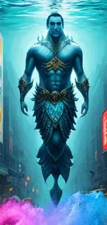 Mystical aquatic warrior in vibrant urban scene wallpaper.