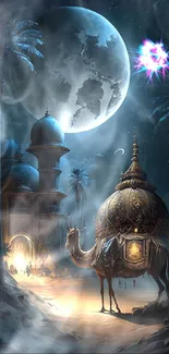 Arabian night scene with a camel and palace under a glowing moon.