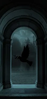 Mystical archway with a black dove silhouette.