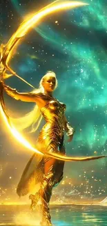 Mystical archer with golden bow in fantasy art.