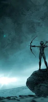 Mystical archer with bow in space landscape.