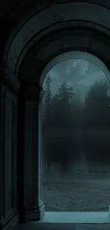 Mystical night view through ancient archway with dark trees and mist.