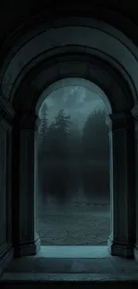 Mysterious archway revealing a shadowy forest landscape.