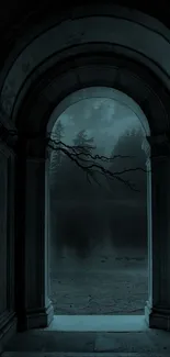 Mystical archway with dark forest and moody night tones.