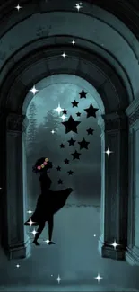 Silhouette beneath starry archway at night with mystical theme.