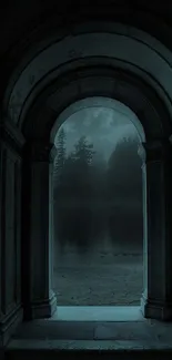 Dark cyan archway opening to a misty forest at night.