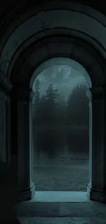 Mystical archway view at night with serene dark tones.