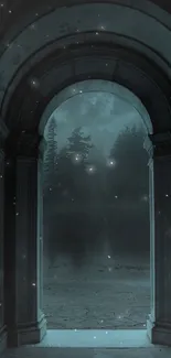 Mystical archway opening to a serene, starry forest night.