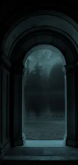 View through an ancient archway into a foggy, mystical night landscape.