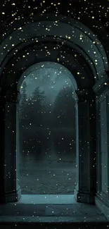 Mysterious archway with foggy forest background.