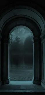 Mystical archway with foggy forest view.