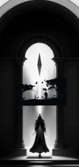 Mystical silhouette in archway, black and white wallpaper for mobile.