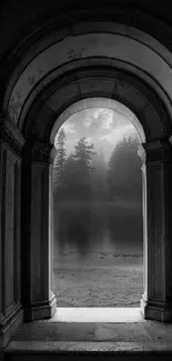 Black and white archway opening to a misty forest scenery.