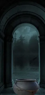 A mystical archway with a cauldron and dark forest backdrop.