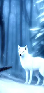 White arctic fox in a snowy forest, serene and mystical.