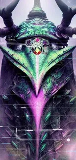 Mystical armor design with vibrant purple and green hues for phone wallpaper.