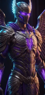 Mystical armored angel with glowing purple accents and wings.