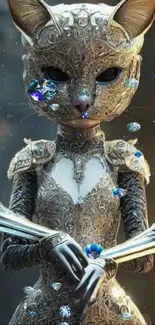 Intricate armored cat in a mystical fantasy setting.