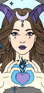 Mystical woman with horns and heart on a celestial background in vivid art style.