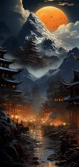 Mystical Asian village under a moonlit sky with mountains.