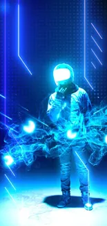 Astronaut surrounded by glowing blue light and smoke in a mysterious design.