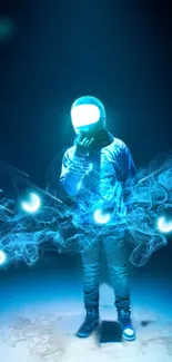 A mystical astronaut in a vibrant blue glow.