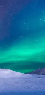 Breathtaking aurora borealis lights over snowy landscape at night.