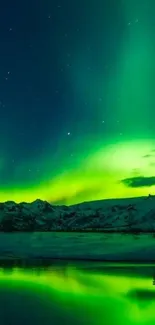 Vibrant aurora borealis over icy landscape with a serene night sky.